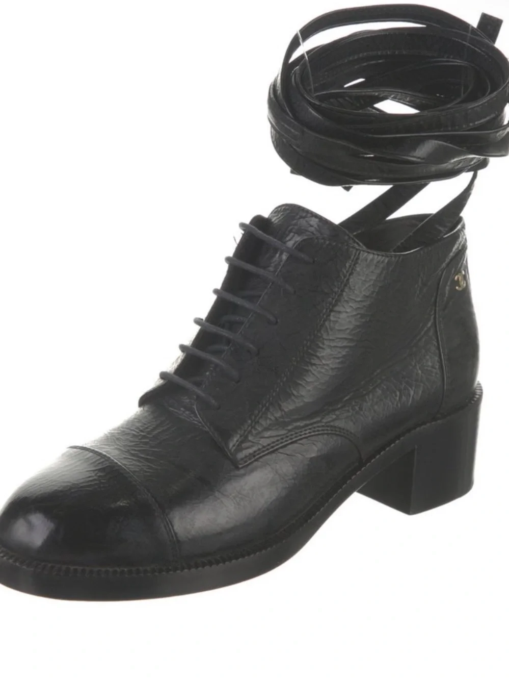 CHANEL Black Leather Lace-Up Ankle Boots with Wrap Laces